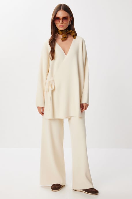 Oversized V-Ausschnitt Strickwaren Zweiteiliges Set mit Bindung - Image 1