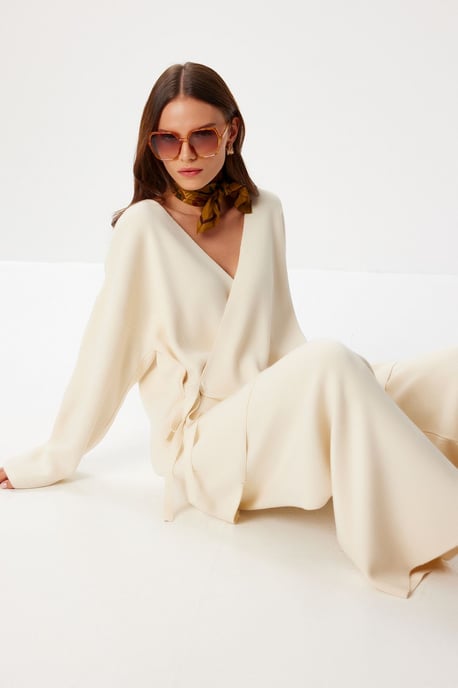 Oversized V-Ausschnitt Strickwaren Zweiteiliges Set mit Bindung - Image 2