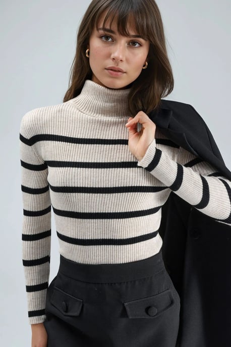 Taillierter gestreifter Rippstrickrollkragenpullover - Image 4