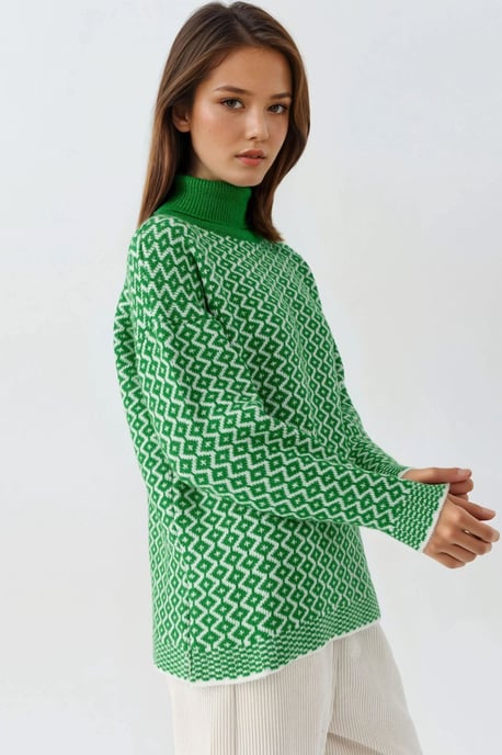 Langer Rollkragenpullover mit geometrischem Muster und geripptem Stoff - Image 2