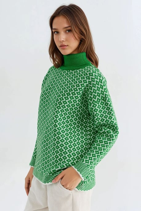 Langer Rollkragenpullover mit geometrischem Muster und geripptem Stoff - Image 4