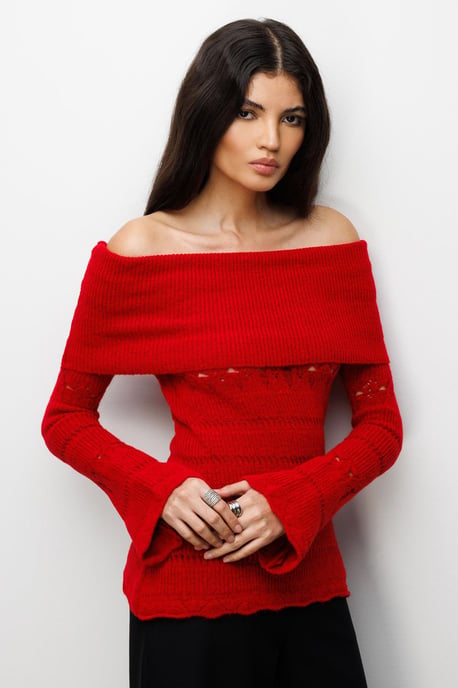 Off-Shoulder Strukturierter Rippstrickpullover mit Ausschnittdetails - Image 1