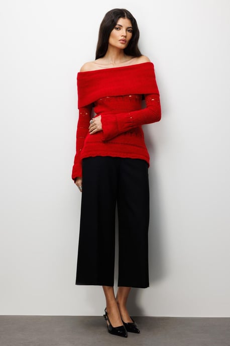 Off-Shoulder Strukturierter Rippstrickpullover mit Ausschnittdetails - Image 2