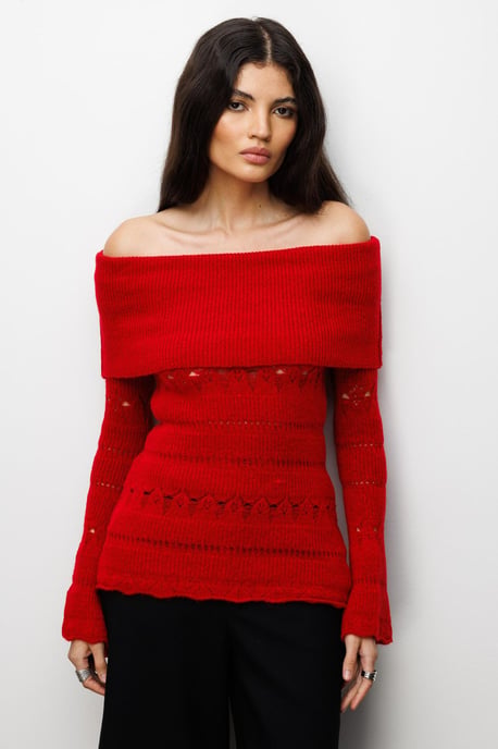 Off-Shoulder Strukturierter Rippstrickpullover mit Ausschnittdetails - Image 3