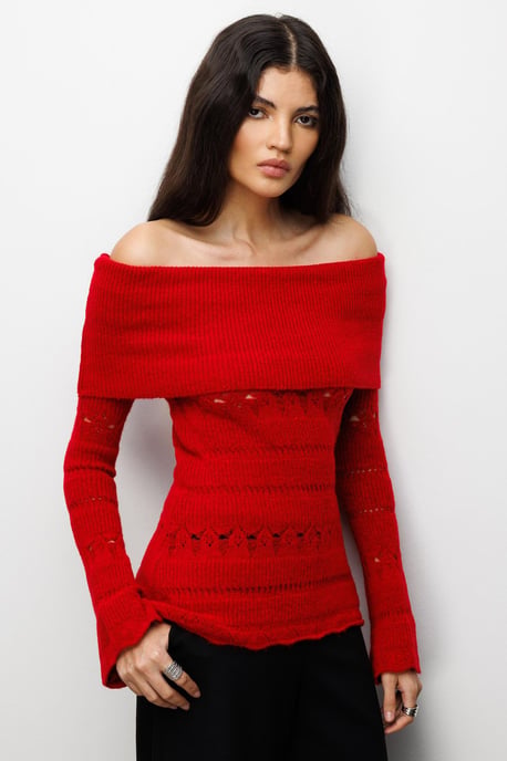 Off-Shoulder Strukturierter Rippstrickpullover mit Ausschnittdetails - Image 4