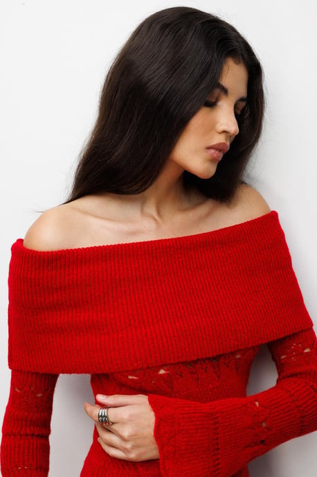 Off-Shoulder Strukturierter Rippstrickpullover mit Ausschnittdetails - Image 5