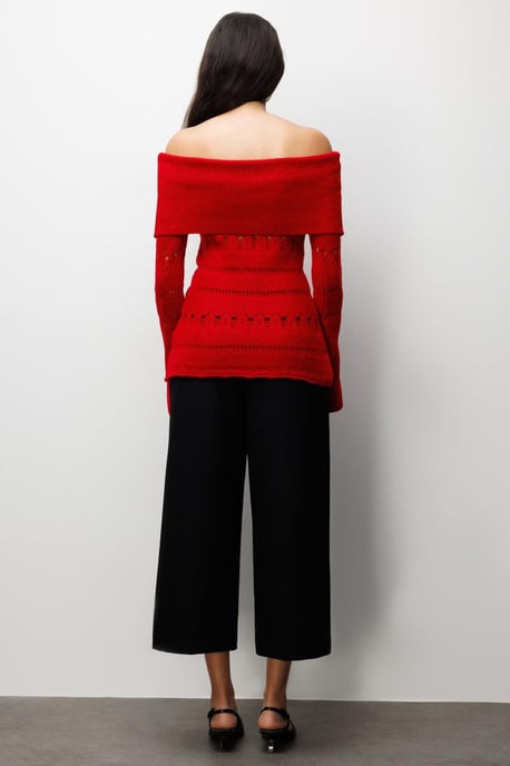 Off-Shoulder Strukturierter Rippstrickpullover mit Ausschnittdetails - Image 6