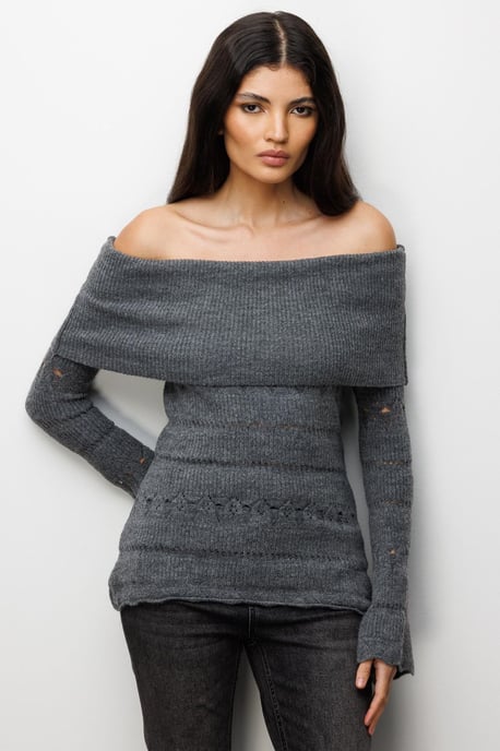 Off-Shoulder Strukturierter Rippstrickpullover mit Ausschnittdetails - Image 1