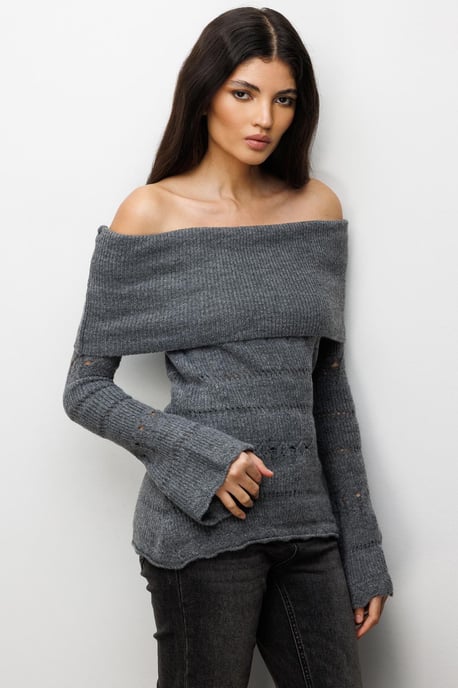 Off-Shoulder Strukturierter Rippstrickpullover mit Ausschnittdetails - Image 3