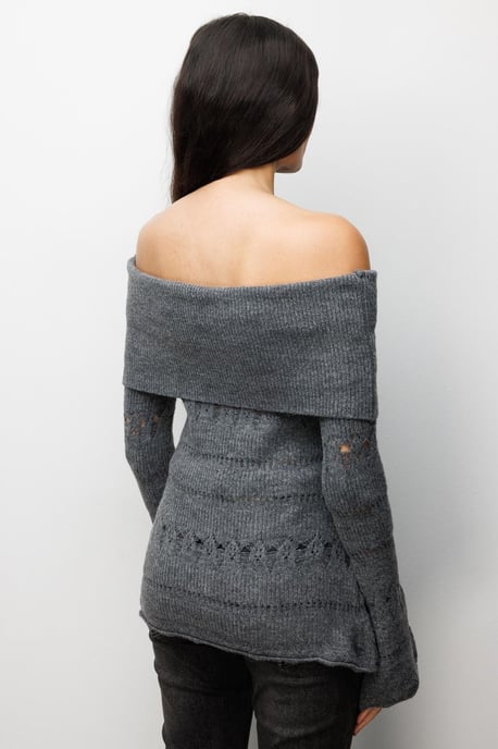 Off-Shoulder Strukturierter Rippstrickpullover mit Ausschnittdetails - Image 5