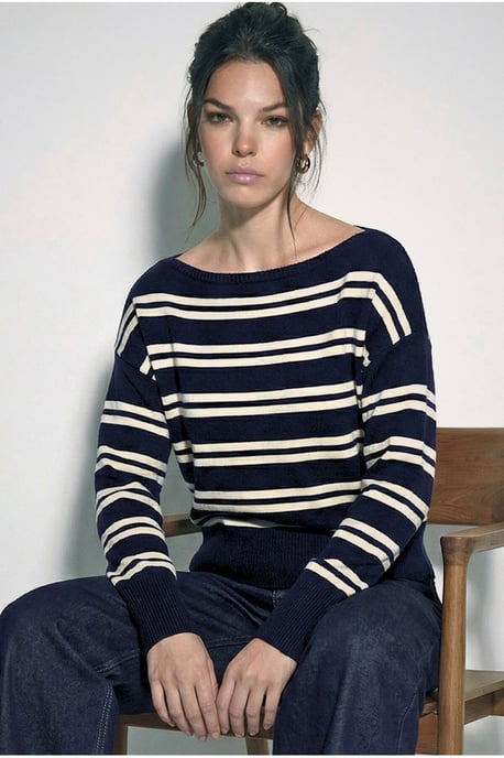 Schulterfreier gestreifter Rippenpullover - Image 3