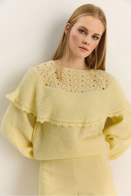 Rippstrick Bootsausschnitt Dicke Sweatshirt mit Rüschen-Detail - Image 1