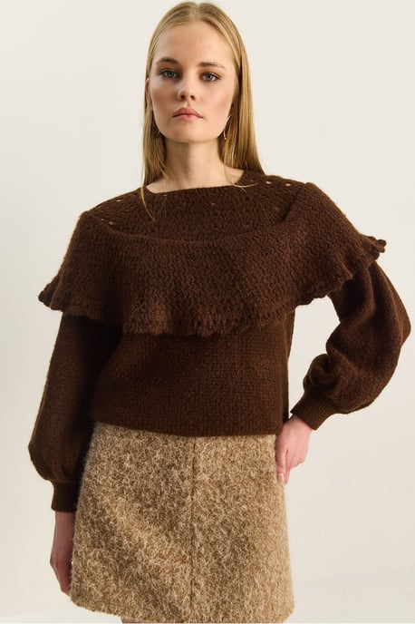 Rippstrick Bootsausschnitt dicker Pullover mit Rüschen-Detail - Image 3