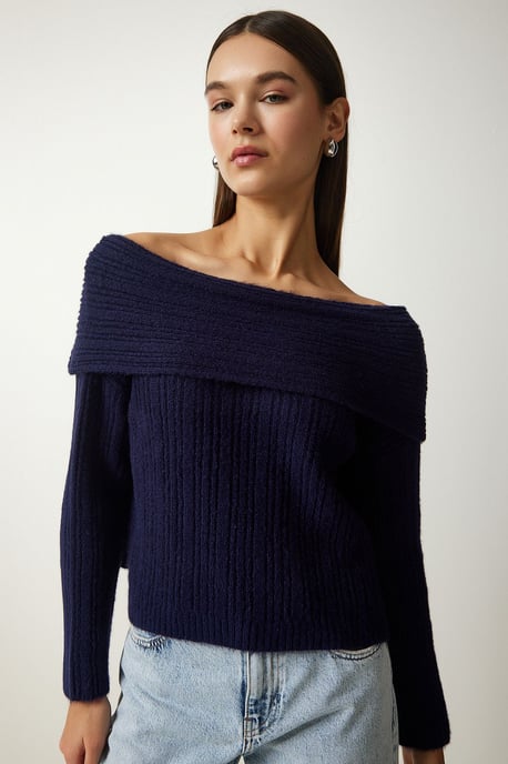 Bequemer Off-Shoulder Strukturstrickpullover mit Madonna-Kragen - Image 4