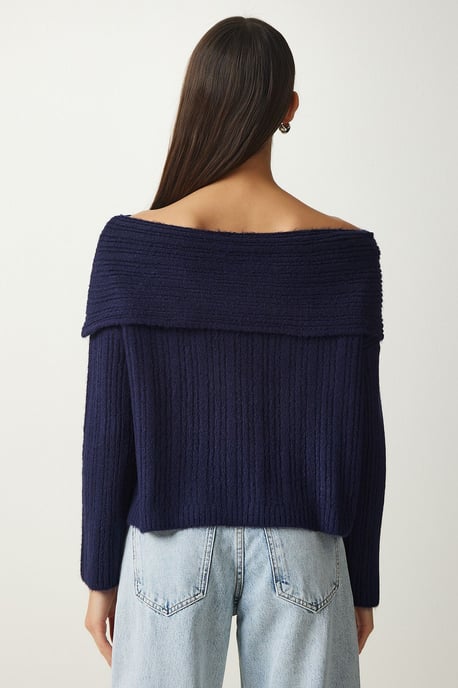 Bequemer Off-Shoulder Strukturstrickpullover mit Madonna-Kragen - Image 6