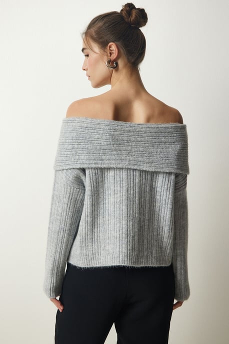 Bequemer, schulterfreier, strukturiertes Strickpullover mit Madonna-Kragen - Image 6