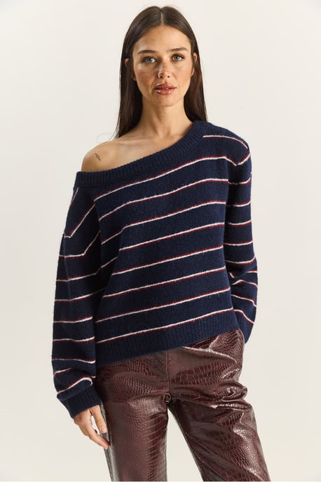 Übergröße gestreifter Strickpullover mit asymmetrischem Kragen - Image 2