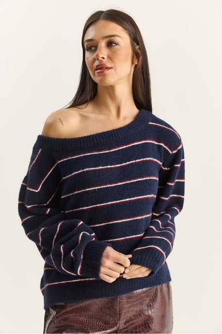Übergröße gestreifter Strickpullover mit asymmetrischem Kragen - Image 3