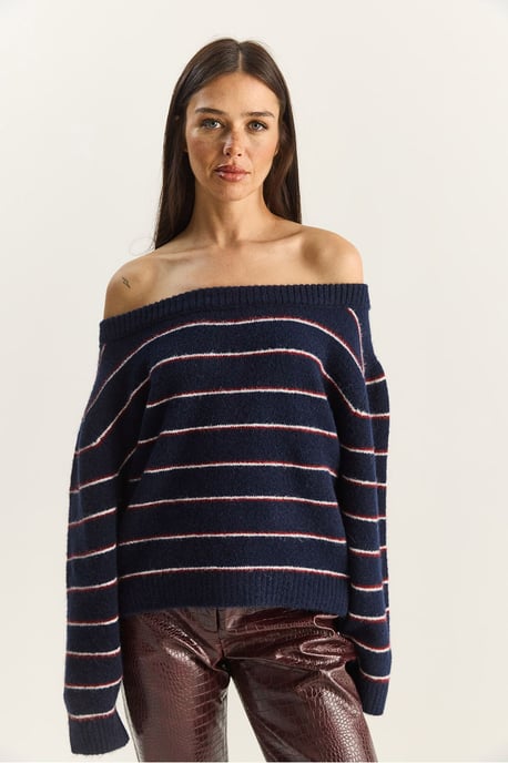 Übergröße gestreifter Strickpullover mit asymmetrischem Kragen - Image 4