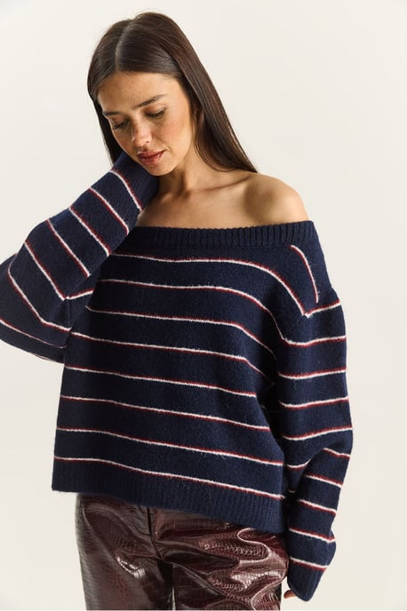 Übergröße gestreifter Strickpullover mit asymmetrischem Kragen - Image 5