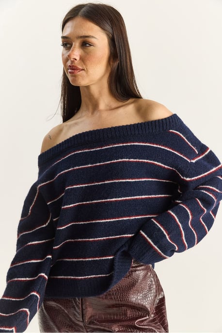 Übergröße gestreifter Strickpullover mit asymmetrischem Kragen - Image 6