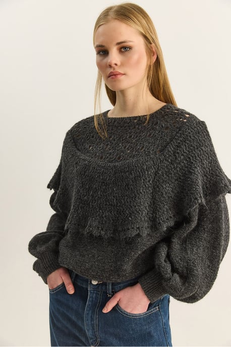 Rippstrick Bootsausschnitt Dickes Sweatshirt mit Volants Detail - Image 2