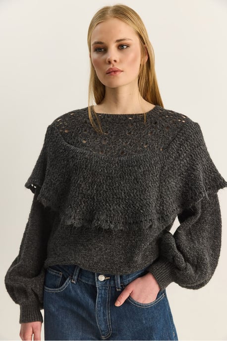 Rippstrick Bootsausschnitt Dickes Sweatshirt mit Volants Detail - Image 3