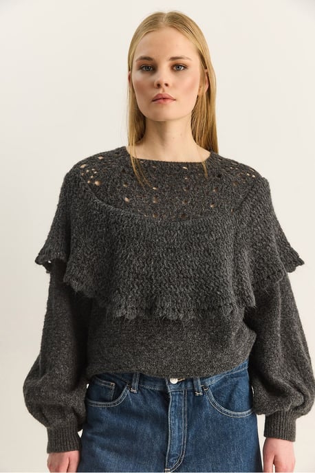 Rippstrick Bootsausschnitt Dickes Sweatshirt mit Volants Detail - Image 4