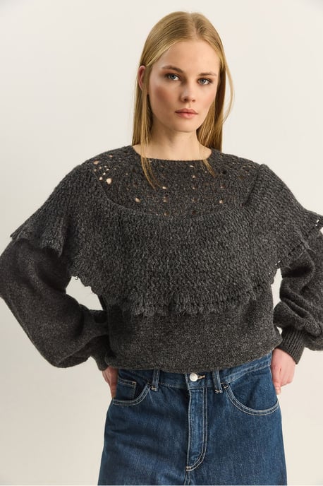 Rippstrick Bootsausschnitt Dickes Sweatshirt mit Volants Detail - Image 5