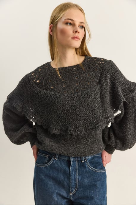 Rippstrick Bootsausschnitt Dickes Sweatshirt mit Volants Detail - Image 6