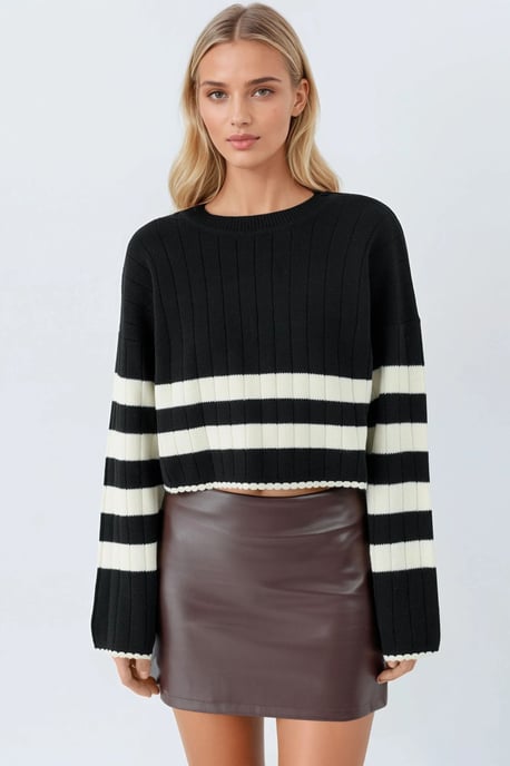 Gestreifter Rippstrick-Pullover mit Rundhalsausschnitt - Image 6