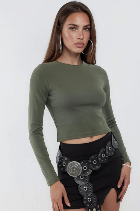 Slim Fit Langärmliges Cropped Top mit Rundhalsausschnitt - Image 2