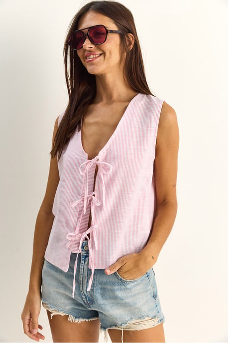 Gestreifte V-Ausschnitt-Bluse mit Bindedetail - Image 2