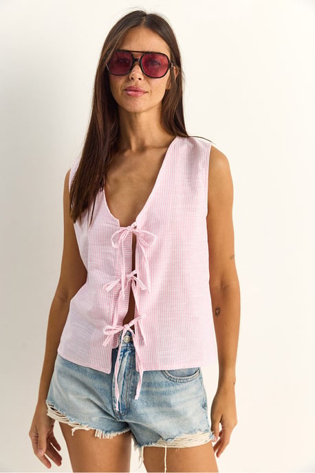 Gestreifte V-Ausschnitt-Bluse mit Bindedetail - Image 3