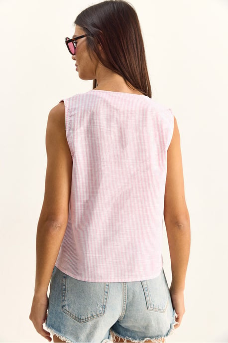 Gestreifte V-Ausschnitt-Bluse mit Bindedetail - Image 5