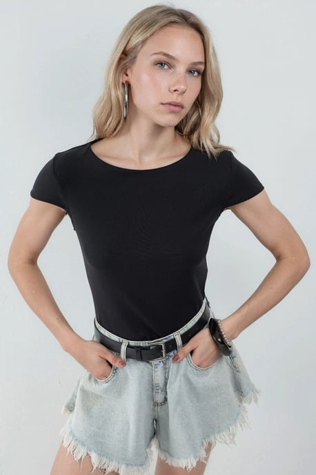 Crewneck Kurzarm Baumwollmischung Bluse - Image 1