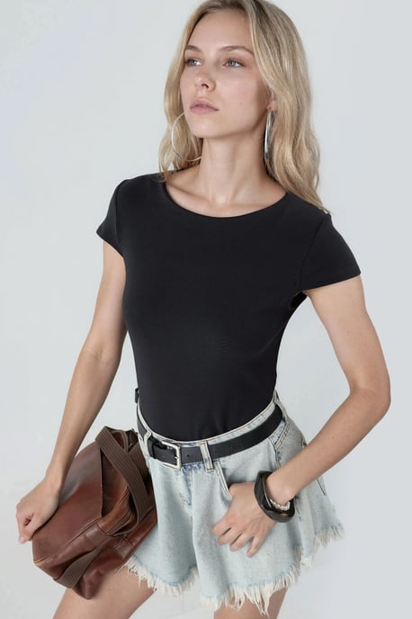 Crewneck Kurzarm Baumwollmischung Bluse - Image 2