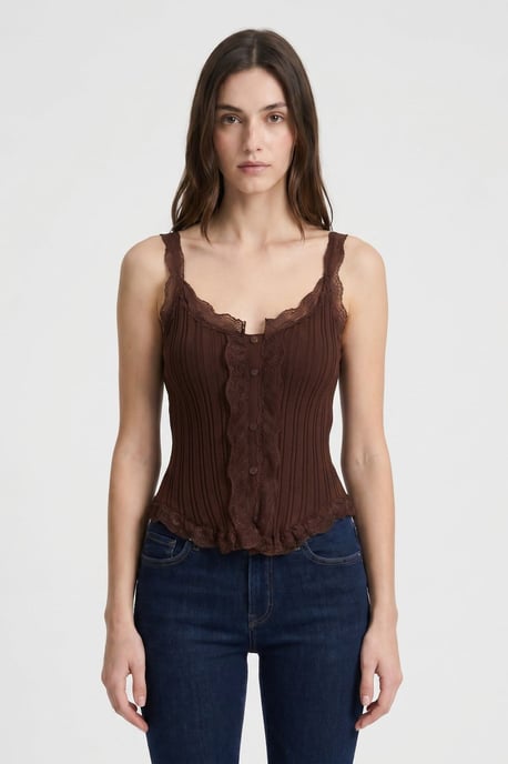 Taillierte ärmellose Spitzentop mit Rippenstruktur und Knöpfen - Image 1
