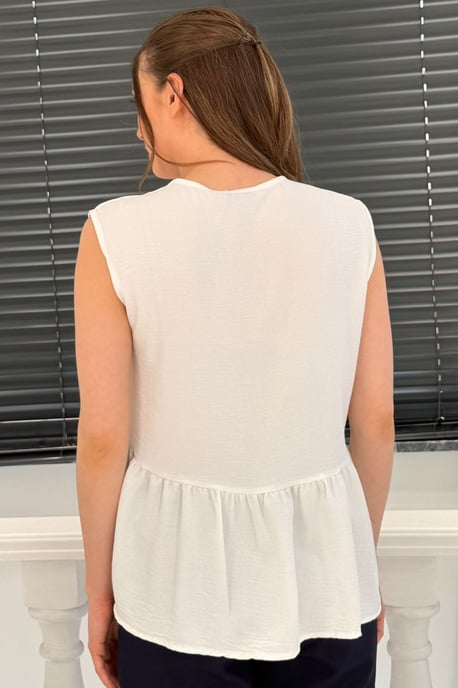 Big Dart Ärmellose Bluse mit V‑Ausschnitt und Knopfleiste - Weiß - Image 3