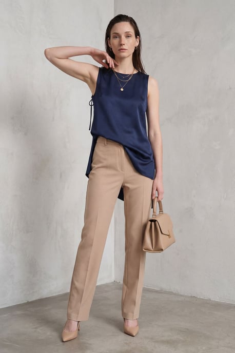 Satin Crew-Neck Ärmellose Lange Bluse mit Schlitz - Image 3