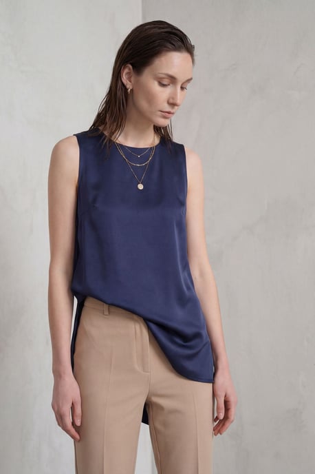 Satin Crew-Neck Ärmellose Lange Bluse mit Schlitz - Image 5