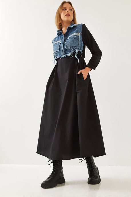 Strukturierter Gabardine-Maxi-Kleid mit Hemdkragen und Knopfverschluss - Image 1