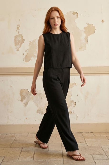 Leinenmischung Bluse & Hose Co-Ord Set mit Tasche - Image 1