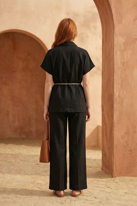 V-Ausschnitt Knopfleistenbluse & Hochtaillierte Hose Zweiteiliges Set - Image 3