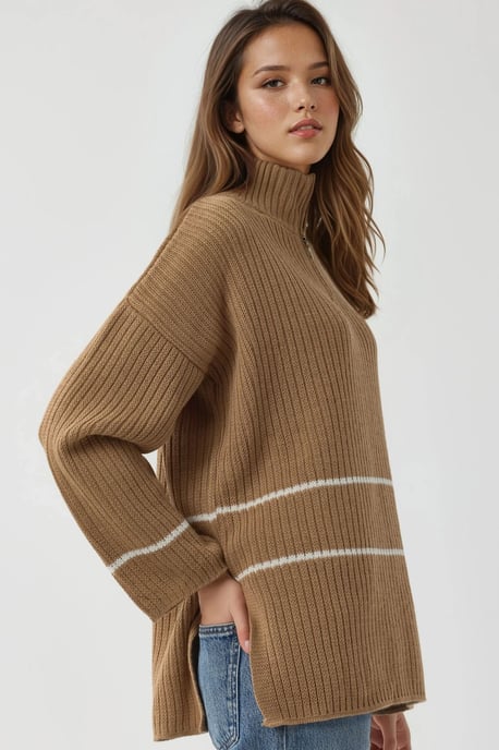 Lockerer Pullover mit Streifen und Reißverschlusskragen - Image 2