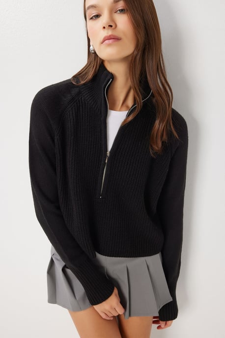 Rippstrick-Zipper-Kragenpullover - Image 1