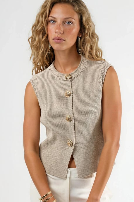 Strukturiertes Rundhals-Stricktop mit Knopfdetails - Image 1