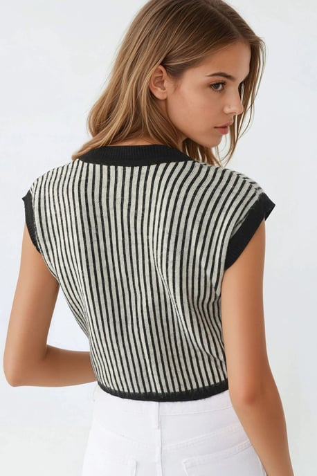 Gestreiftes geripptes Strick-Crop-Top mit Knopfverschluss - Image 2