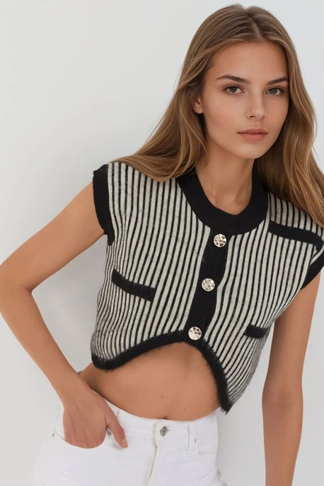 Gestreiftes geripptes Strick-Crop-Top mit Knopfverschluss - Image 3