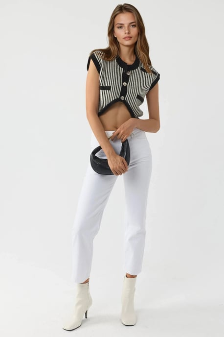 Gestreiftes geripptes Strick-Crop-Top mit Knopfverschluss - Image 5